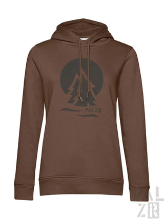 Braune Kapuzenjacke mit grünem Waldmuster und Kordelkapuze.