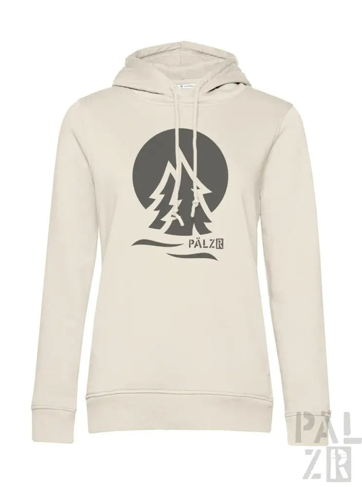 Cremeweiße Kapuzenjacke mit schwarzem Baum- und Wellendesign, ’palz’-Logo.