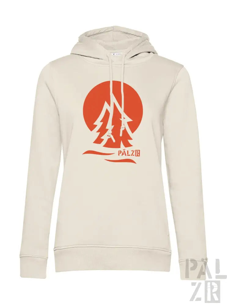 Cremeweiße Hoodie mit rotem Logo und Design, das eine Silhouette eines Baumes vor der Sonne zeigt.