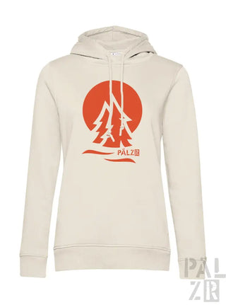 Cremeweiße Hoodie mit rotem Logo und Design, das eine Silhouette eines Baumes vor der Sonne zeigt.