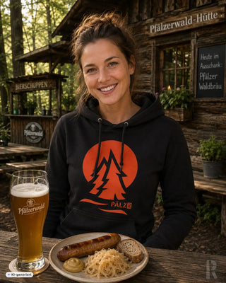 Schwarzer frauen hoodie mit orangefarbenem kreisgrafik und stilisierten kiefernbäumen pälzer text darunter