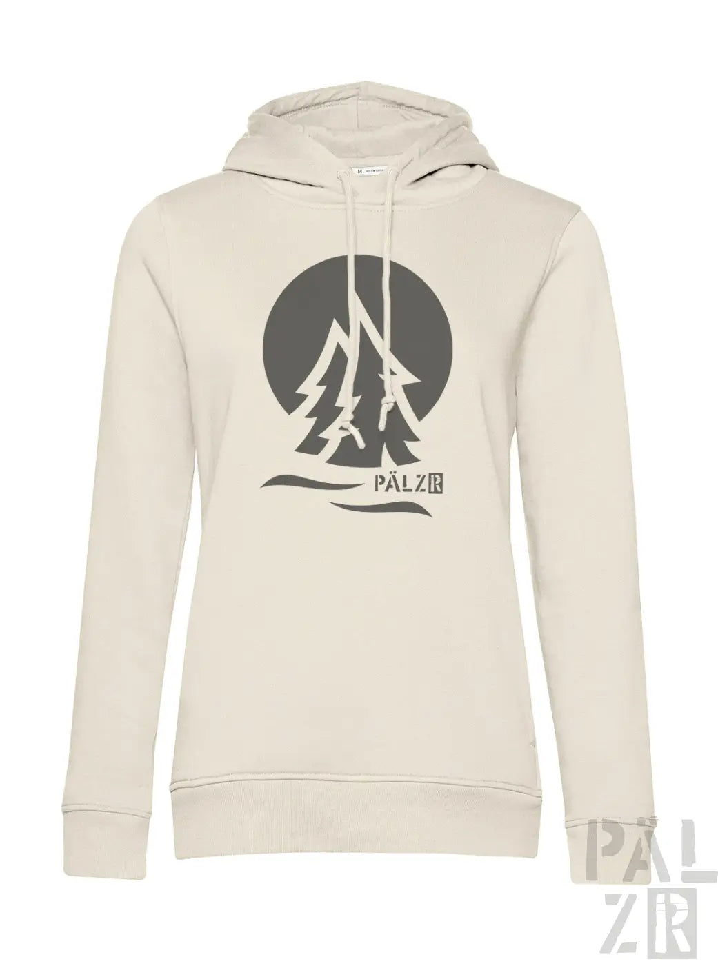 Beige frauen hoodie palzrwald zwei mit dunklem kreisgrafik und stilisierten kiefern und markenname darunter