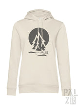 Beige frauen hoodie palzrwald zwei mit dunklem kreisgrafik und stilisierten kiefern und markenname darunter