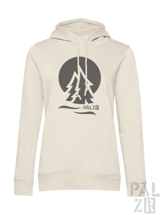 Beige frauen hoodie palzrwald zwei mit dunklem kreisgrafik und stilisierten kiefern und markenname darunter