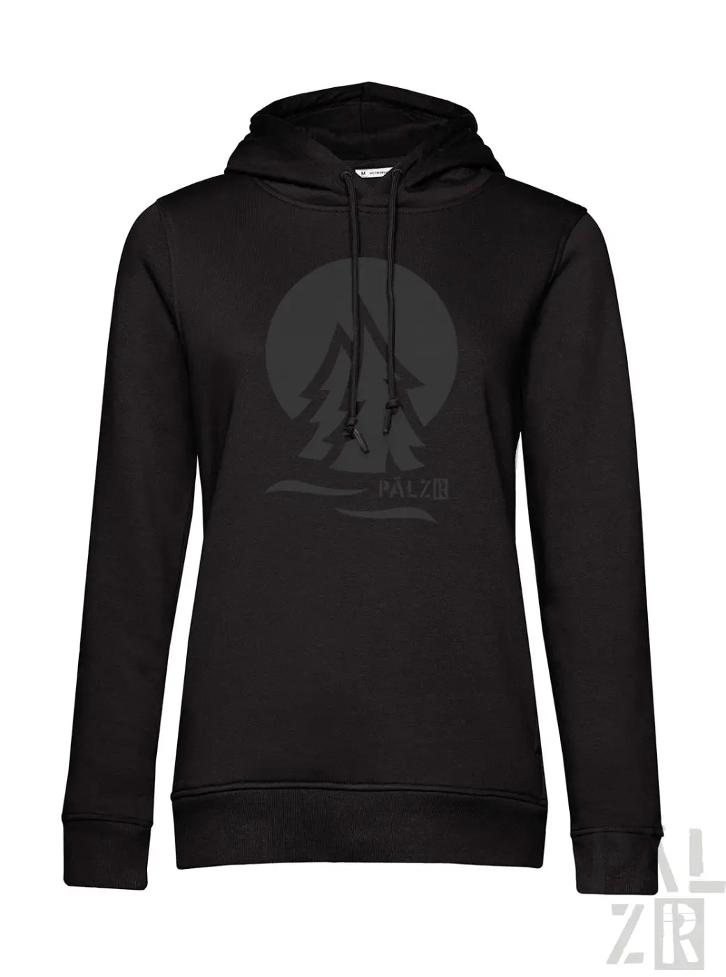 Schwarzer frauen hoodie palezwald zwei mit dunkelgrauem baummotiv und mond auf der vorderseite