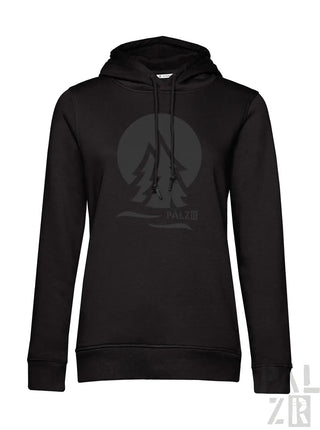 Schwarzer frauen hoodie palezwald zwei mit dunkelgrauem baummotiv und mond auf der vorderseite