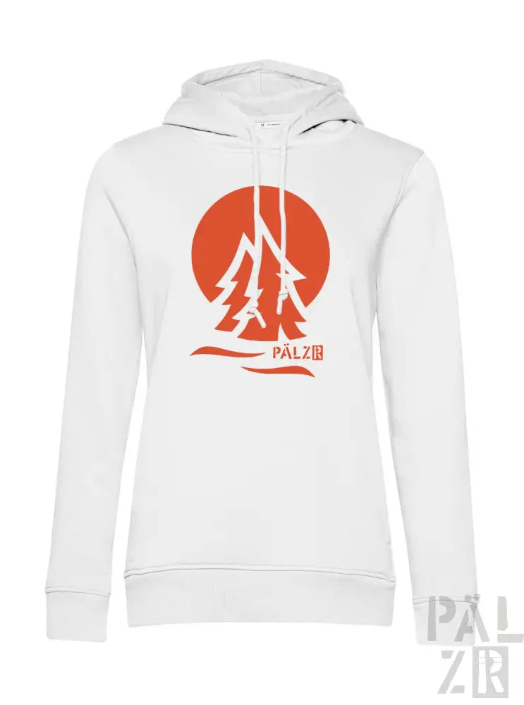 Weißes Hoodie mit orangem Logo und Textdesign.
