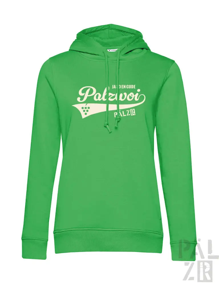 Grüner Hoodie mit weißem ’palzvoi’-Design und Traubencluster-Grafik, hergestellt aus Fleece-Material.