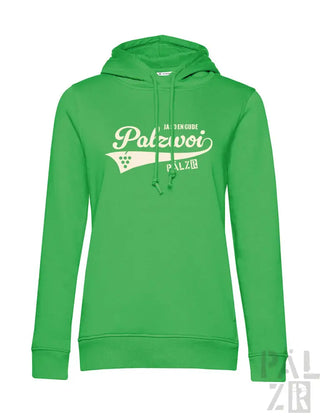 Grüner Hoodie mit weißem ’palzvoi’-Design und Traubencluster-Grafik, hergestellt aus Fleece-Material.