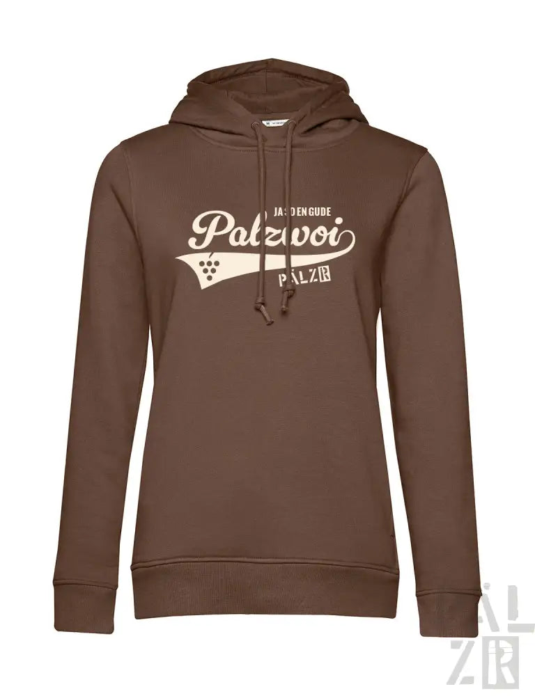 Brauner Hoodie mit weißem ’palzvoi’-Design und Kapuze.