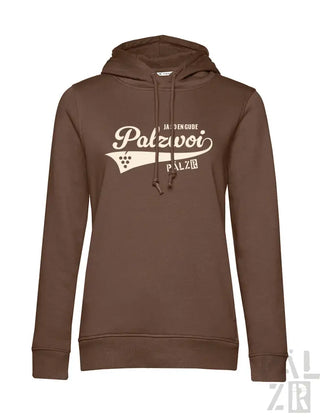 Brauner Hoodie mit weißem ’palzvoi’-Design und Kapuze.
