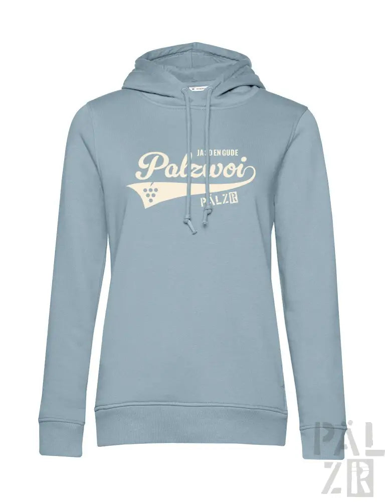 Hellblaues Hoodie mit ’polzivot’-Grafik und Textdesign.