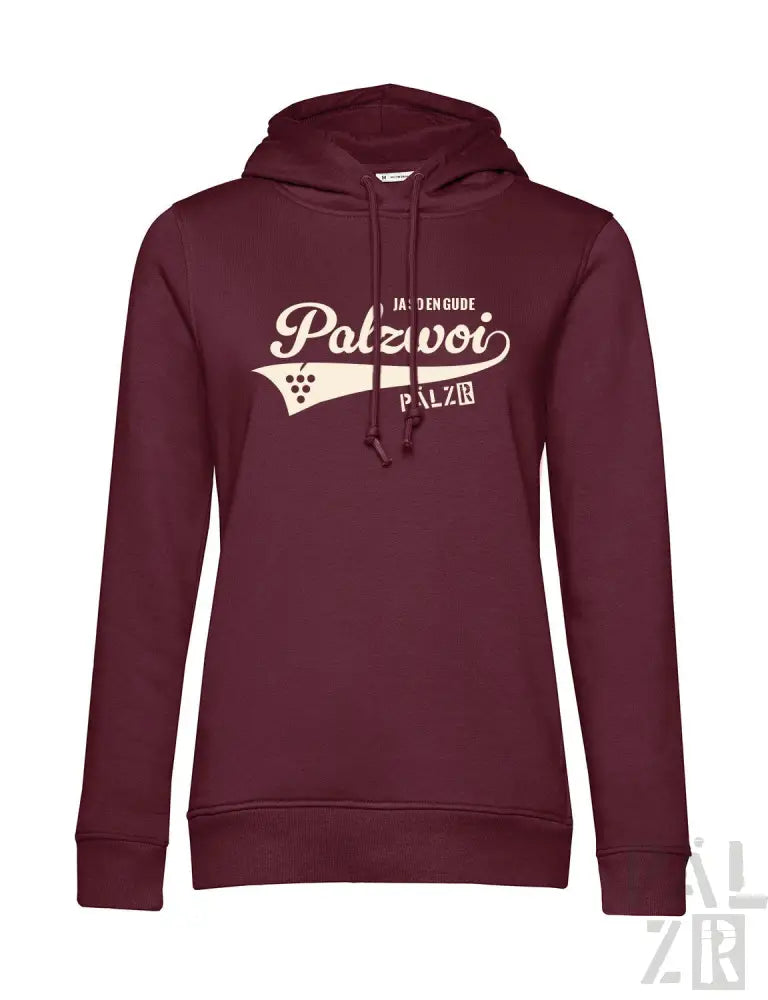Bordeaux-Farbenes Hoodie mit weißem „palzwoi“-Design und Kordelzügen, Material aus Baumwollmischung.