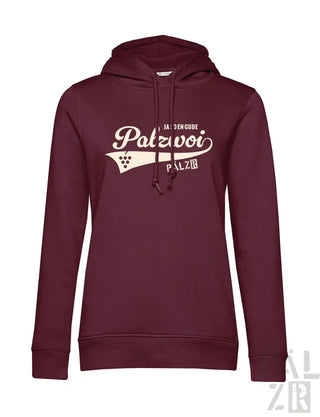 Bordeaux-Farbenes Hoodie mit weißem „palzwoi“-Design und Kordelzügen, Material aus Baumwollmischung.
