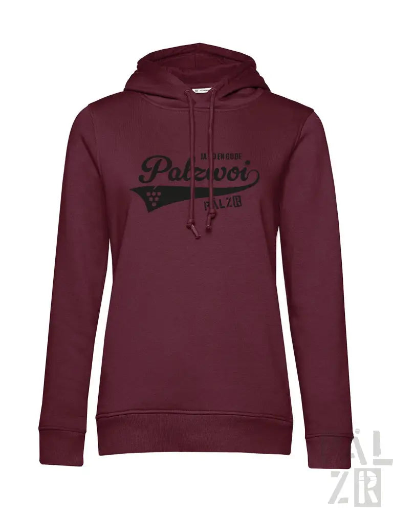 Bordeaux-Kapuzenpullover mit ’patzvol’-Logo und Flaggen-Design, Material aus Baumwollmischung.