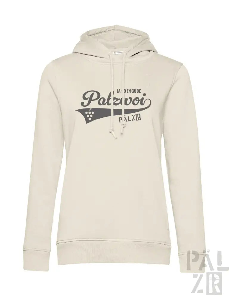 Cremeweißer Hoodie mit ’palzvoi’-Grafik und Weintrauben-Design.