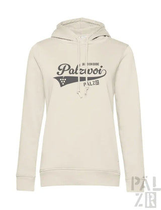 Cremeweißer Hoodie mit ’palzvoi’-Grafik und Weintrauben-Design.