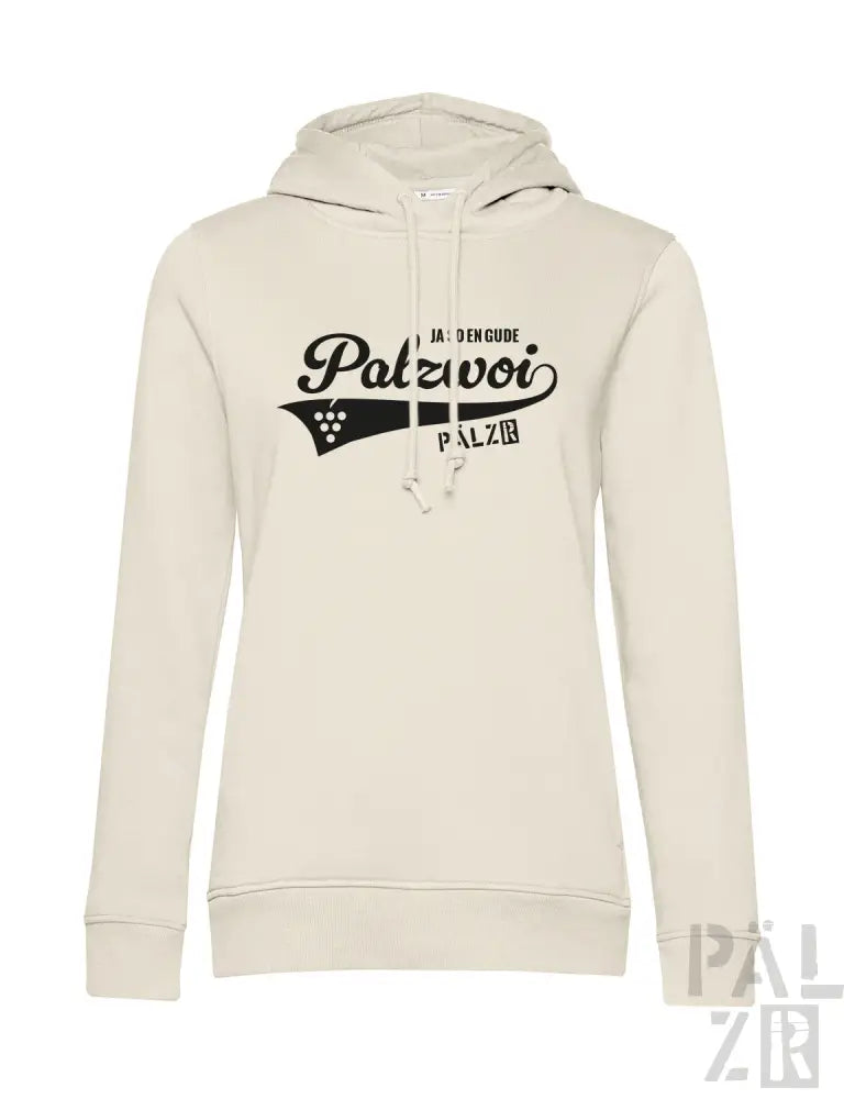 Cremeweißer Hoodie mit ’palzvoi’-Logo und Weinreben-Design, Material aus Baumwollmischung.