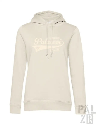 Cremeweiße Hoodie mit ’palzer’-Logo und Nummer-7-Design, aus weichem Baumwollstoff.