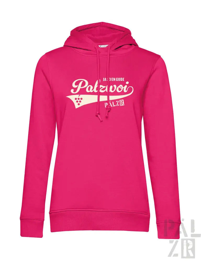 Heißrosa Hoodie mit weißer ’palzvoi’ Grafik und Weinreben-Design, aus Fleece-Material gefertigt.