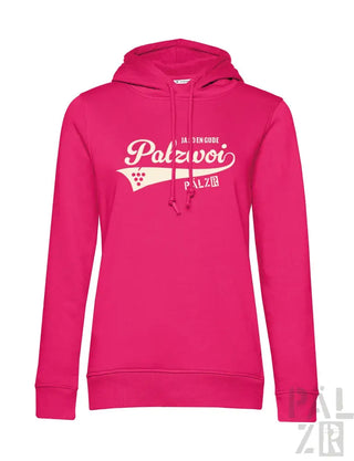 Heißrosa Hoodie mit weißer ’palzvoi’ Grafik und Weinreben-Design, aus Fleece-Material gefertigt.