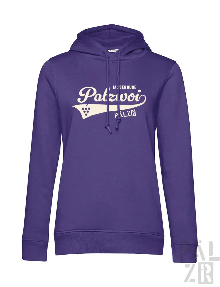 Violetter Hoodie mit ’palzvoi’-Design und Kapuze, wahrscheinlich aus Baumwolle oder Polyester-Mischung.