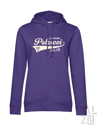 Violetter Hoodie mit ’palzvoi’-Design und Kapuze, wahrscheinlich aus Baumwolle oder Polyester-Mischung.