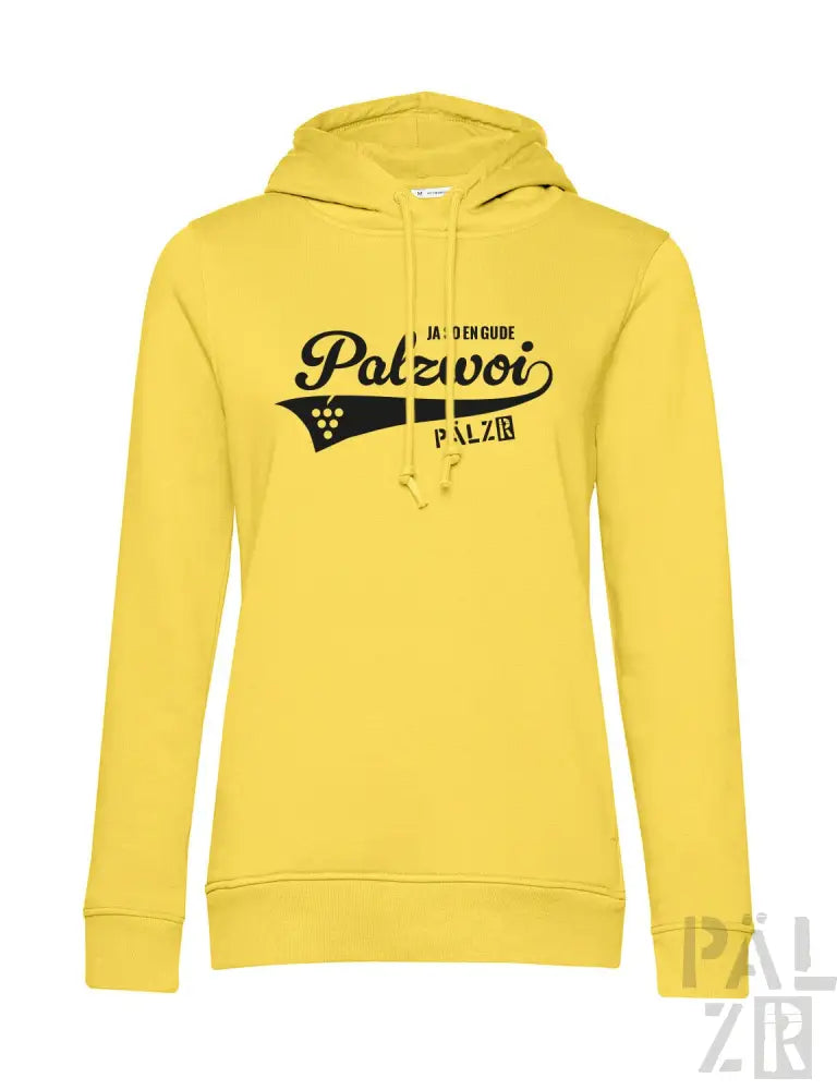 Gelbes Hoodie mit schwarzem „palzvoi“-Logo und Design, das ein Weinglas-Grafik zeigt.