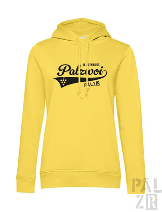 Gelbes Hoodie mit schwarzem „palzvoi“-Logo und Design, das ein Weinglas-Grafik zeigt.