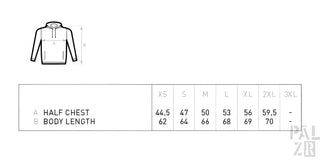 Schwarze Kapuzenpulli mit Kapuze und Kordelzügen, Größentabelle zur Referenz beigefügt.