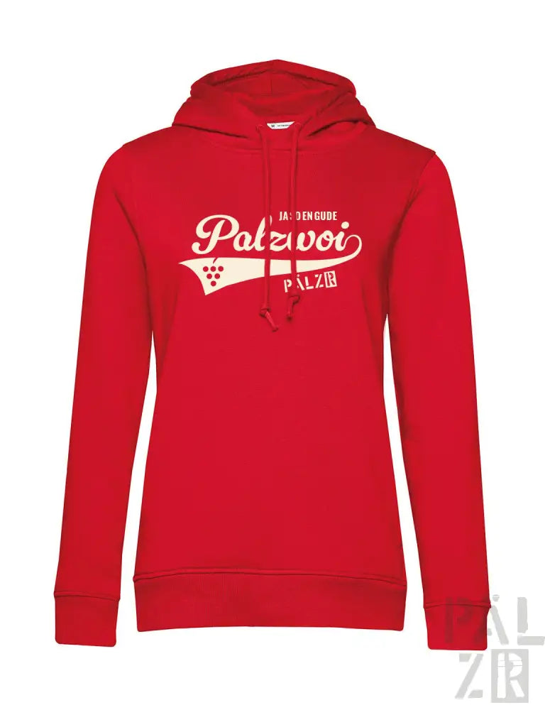 Roter Hoodie mit weißem ’palzvoi’-Design und Kapuze, wahrscheinlich aus Baumwolle oder Polyester-Mischung gefertigt.
