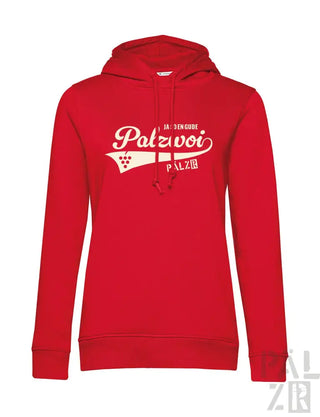 Roter Hoodie mit weißem ’palzvoi’-Design und Kapuze, wahrscheinlich aus Baumwolle oder Polyester-Mischung gefertigt.