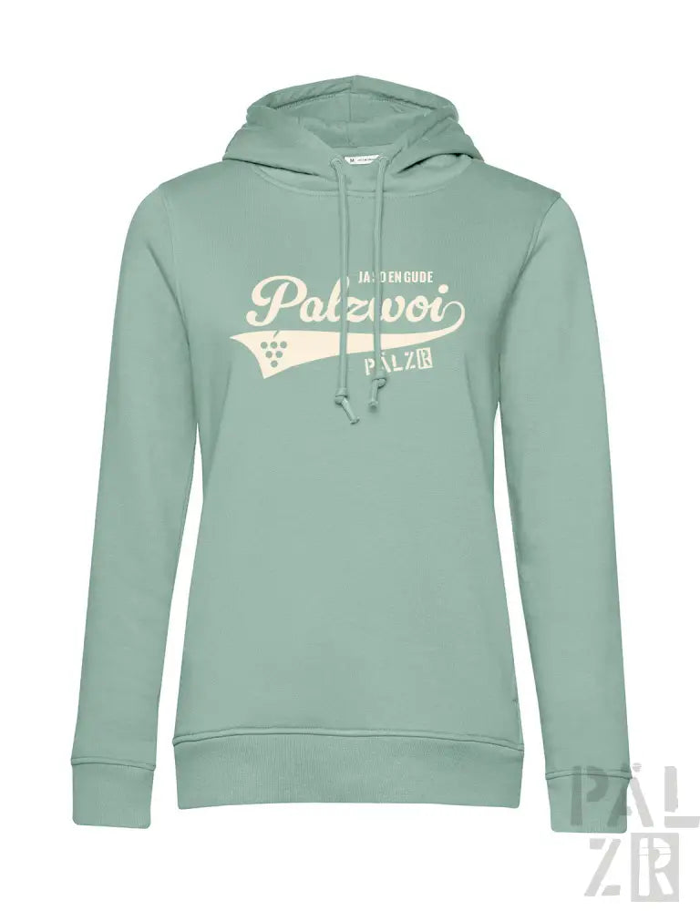 Mintgrüner Hoodie mit ‚palzvoi‘-Logo und Würfel-Design, Baumwollmaterial.