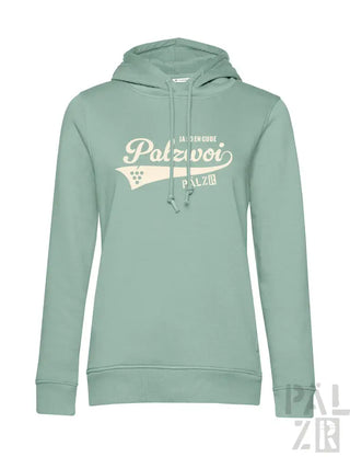 Mintgrüner Hoodie mit ‚palzvoi‘-Logo und Würfel-Design, Baumwollmaterial.