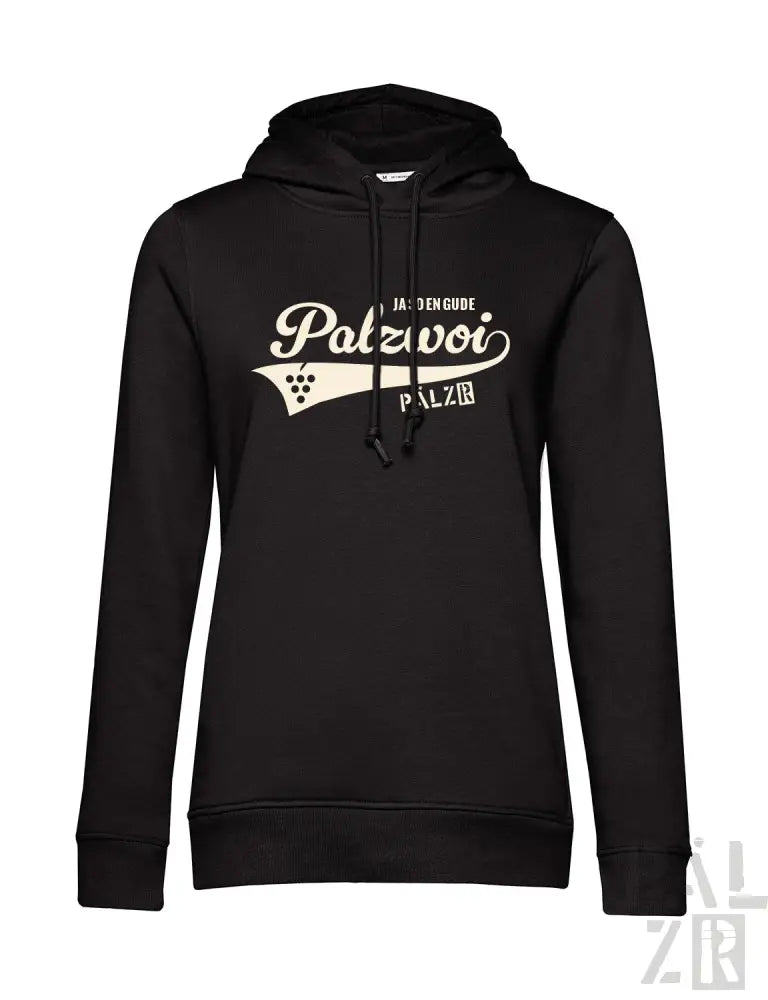 Schwarzes Hoodie mit weißem ’palzvoi’-Logo und Trauben-Design, Material aus Baumwollmischung.