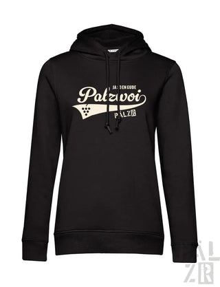 Schwarzes Hoodie mit weißem ’palzvoi’-Logo und Trauben-Design, Material aus Baumwollmischung.