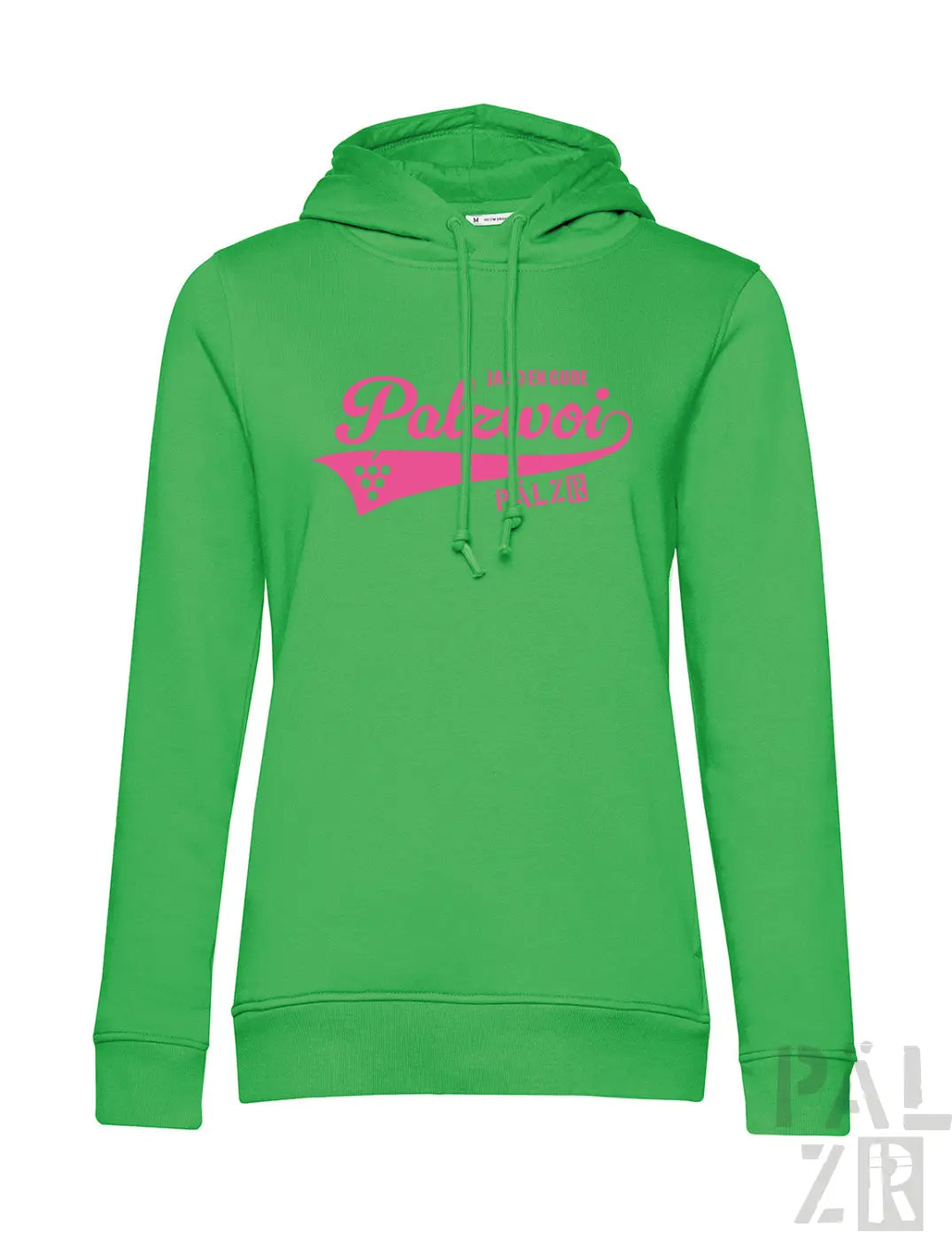 Frauen hoodie in leuchtend grün mit pinkem palzwoi logo und team insignia auf der brust in verschiedenen farben