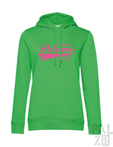 Frauen hoodie in leuchtend grün mit pinkem palzwoi logo und team insignia auf der brust in verschiedenen farben