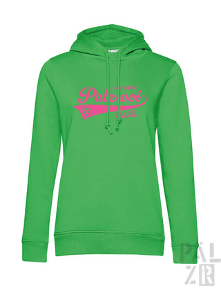 Frauen hoodie in leuchtend grün mit pinkem palzwoi logo und team insignia auf der brust in verschiedenen farben