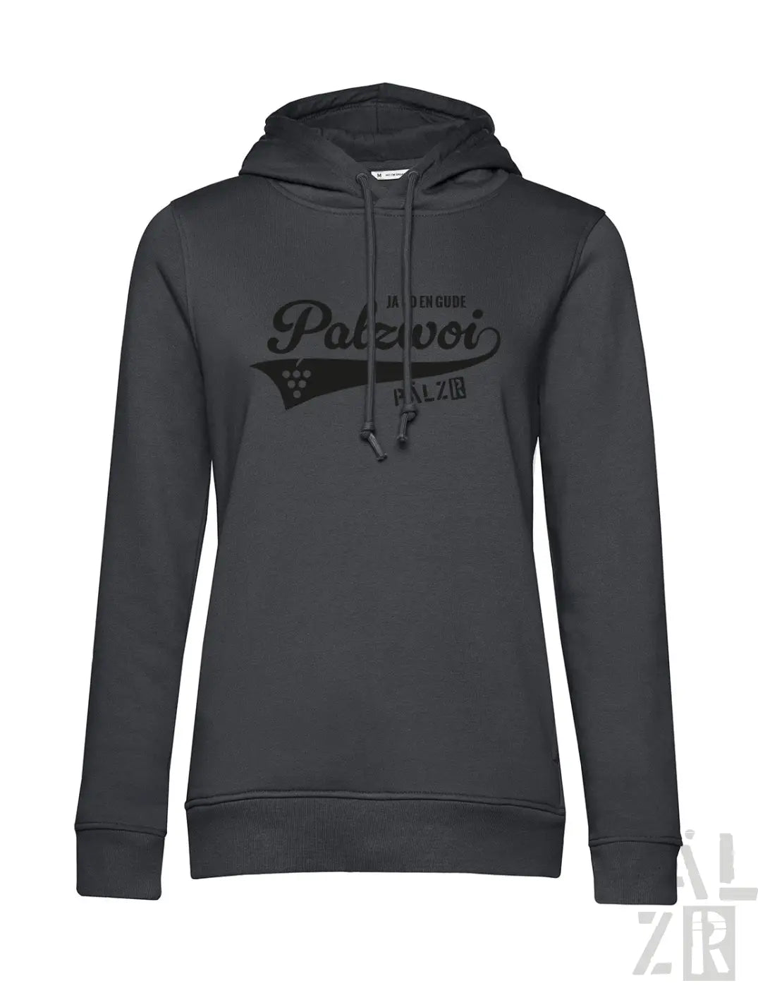 Dunkelgrauer baumwoll Hoodie für frauen mit schwarzem palzwoi Schriftzug und weinrebenmotiv in verschiedenen Farben