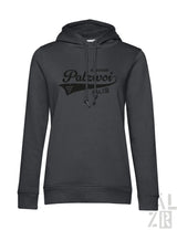 Dunkelgrauer baumwoll Hoodie für frauen mit schwarzem palzwoi Schriftzug und weinrebenmotiv in verschiedenen Farben
