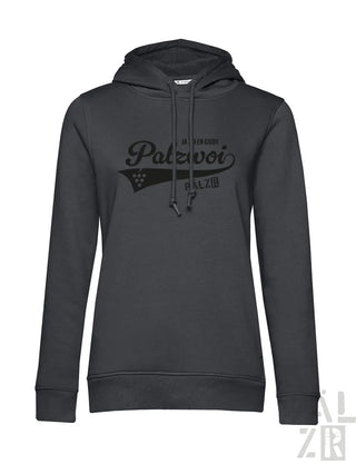 Dunkelgrauer baumwoll Hoodie für frauen mit schwarzem palzwoi Schriftzug und weinrebenmotiv in verschiedenen Farben