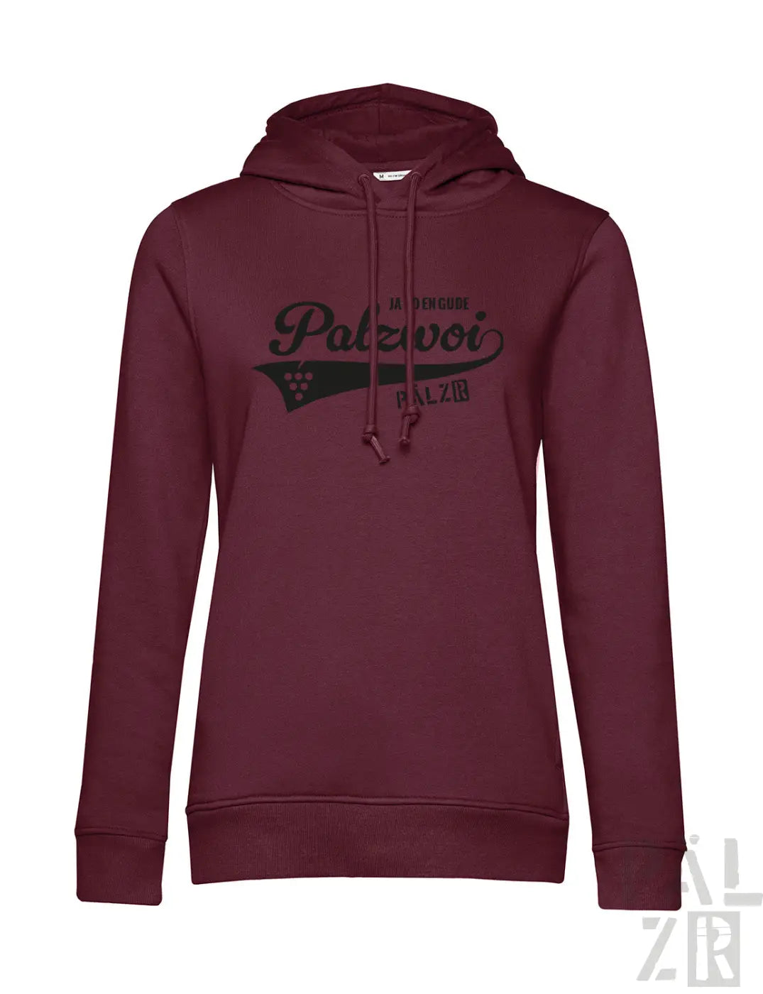 Frauen hoodie palzwoi in dunkelrot mit schwarzem polzwoi schriftzug und weinreben grafik auf der rückenansicht