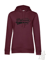 Frauen hoodie palzwoi in dunkelrot mit schwarzem polzwoi schriftzug und weinreben grafik auf der rückenansicht