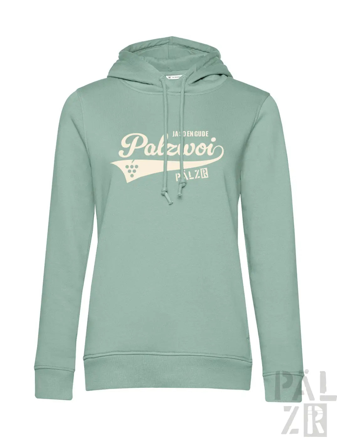 Frauen hoodie palzwoi in weichem mintgrün mit vintage art weißem poltzwoi schriftzug und weinrebenmotiven