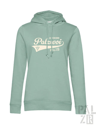 Frauen hoodie palzwoi in weichem mintgrün mit vintage art weißem poltzwoi schriftzug und weinrebenmotiven