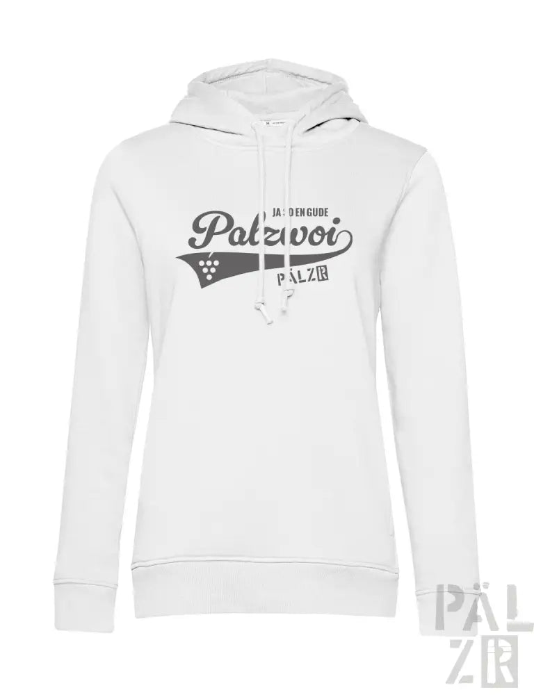 Weiße Hoodie mit ’palzvoi’-Logo und Trauben-Design, Baumwollmaterial.