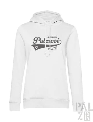 Weiße Hoodie mit ’palzvoi’-Logo und Trauben-Design, Baumwollmaterial.