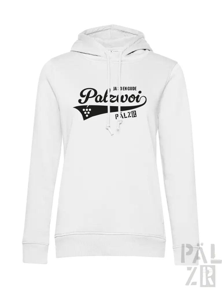 Weiße Hoodie mit schwarzem ’palzvoi’-Logo und Design, Baumwollmaterial.