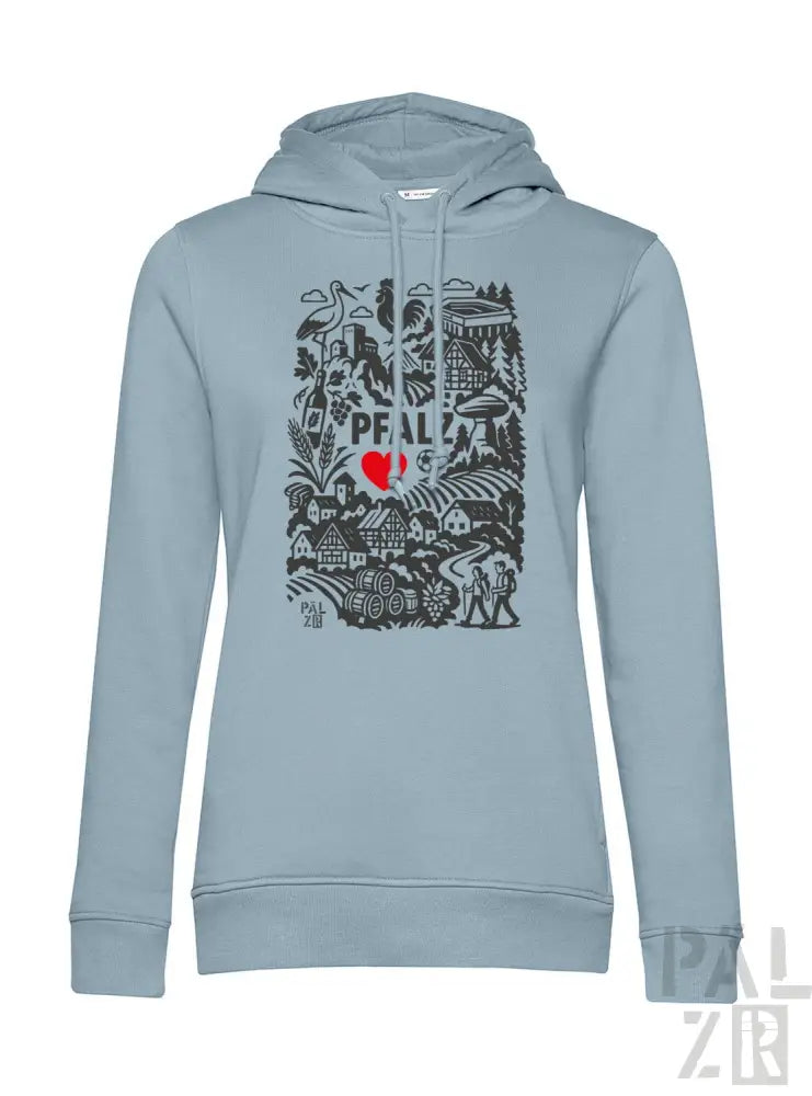 Hellblauer Hoodie mit Grafikdesign, das „peal“ und ein rotes Herz zeigt, aus Baumwolle gefertigt.
